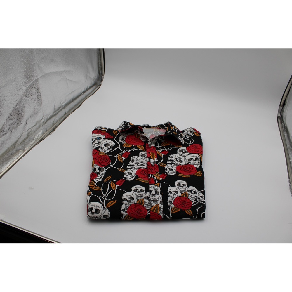 ZEROYAA Button Down Shirt Black Skulls and Roses Long Sleeve Gothic Rock M
